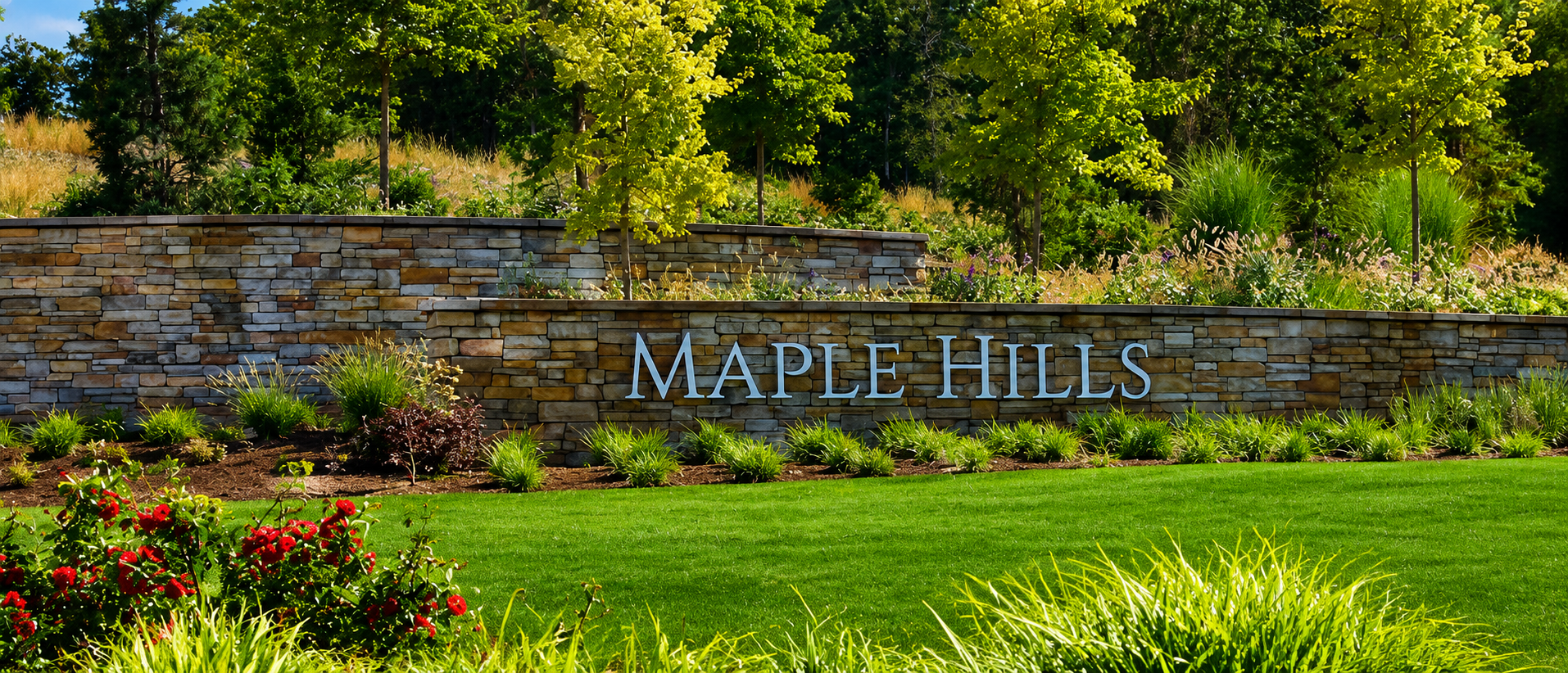 Maple Hills sign surrounded by greenery.