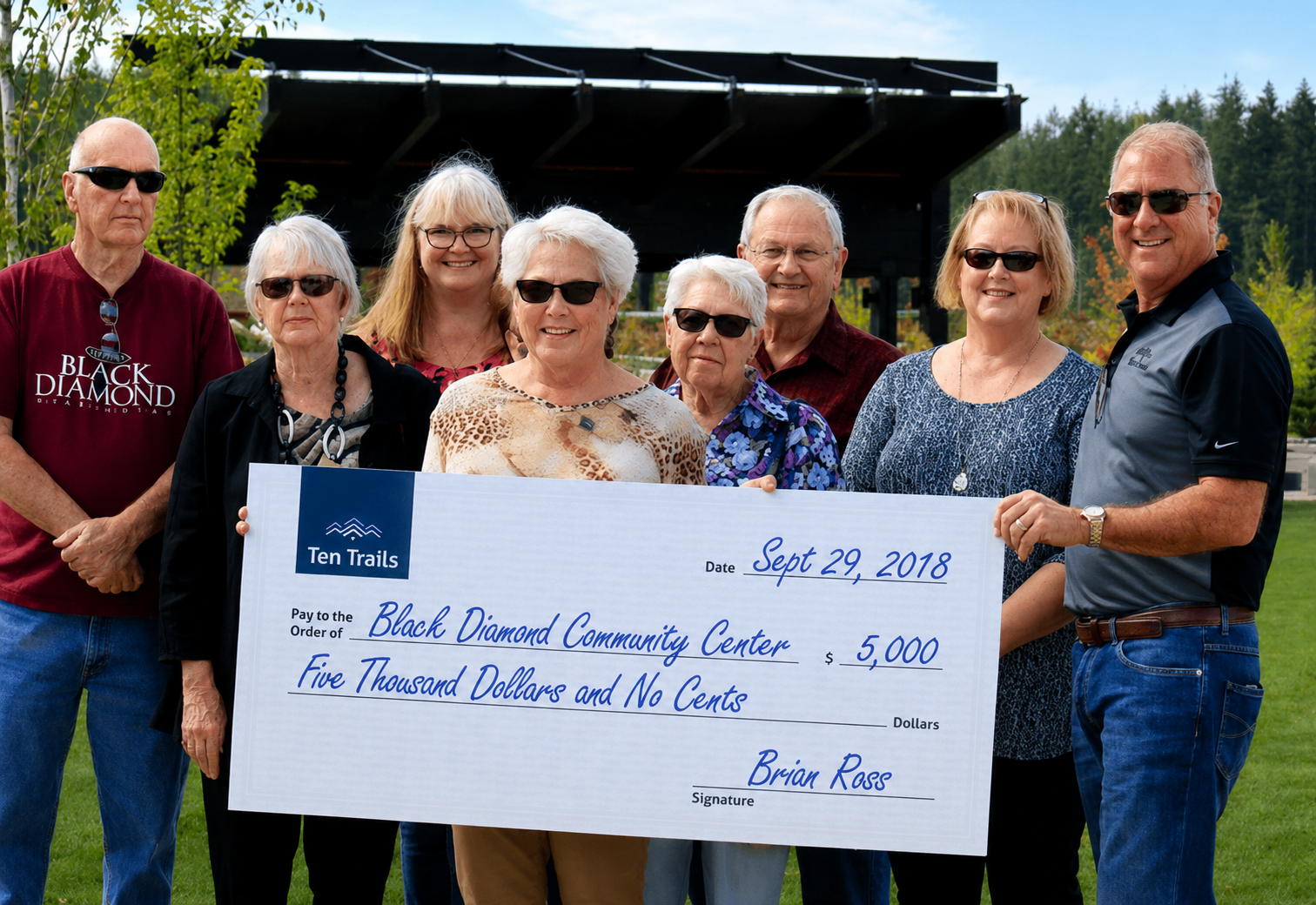 Group holding a large donation check outdoors.