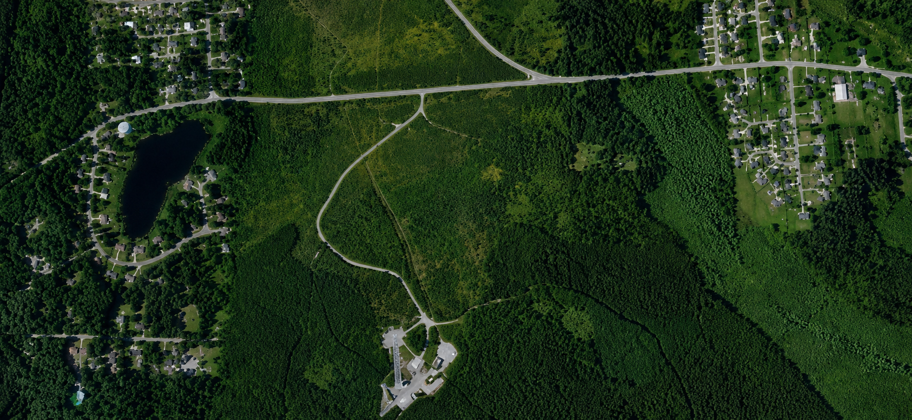 Aerial view of forest and residential area.